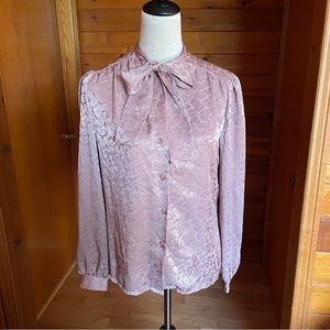 Vintage 80s Floral Satin Jacquard Tie Neck Secretary Blouse Top Sz 9/10